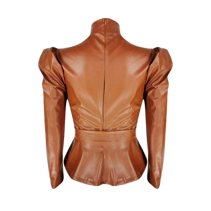 Envy Faux Leather Puff Sleeve Tie-Waist Peplum Top