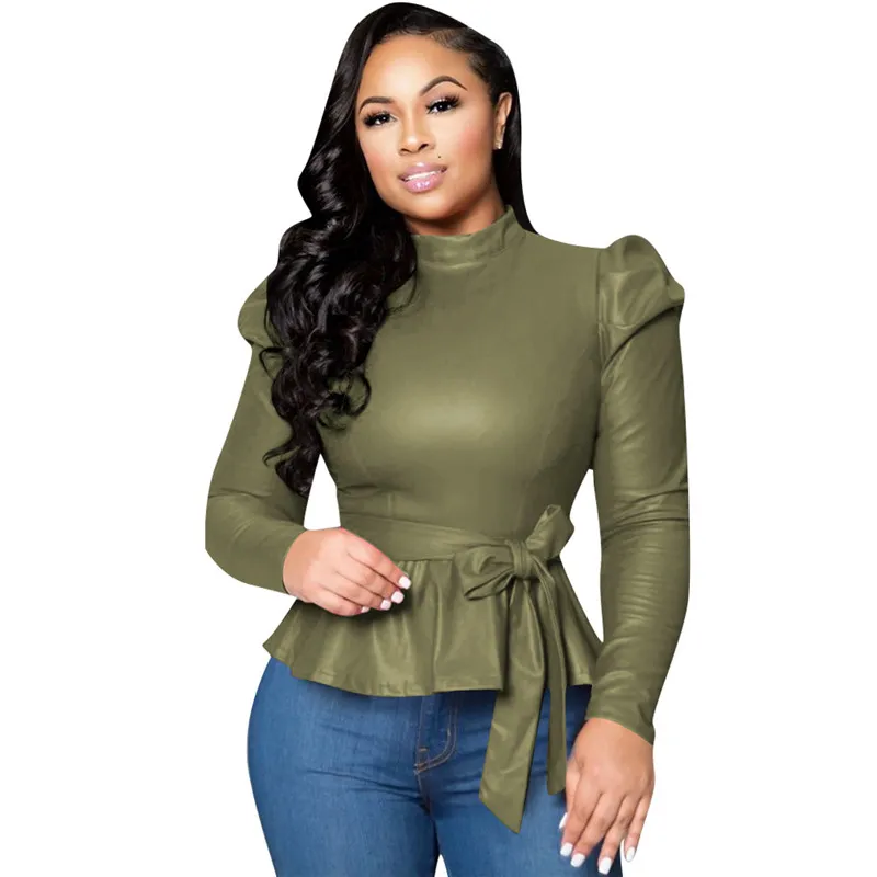 Envy Faux Leather Puff Sleeve Tie-Waist Peplum Top