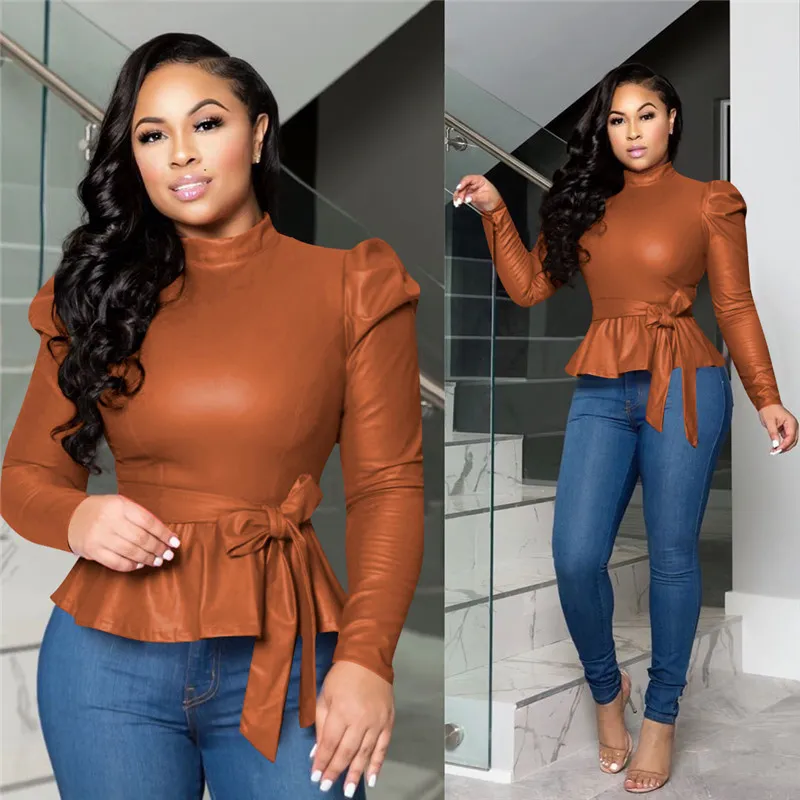 Envy Faux Leather Puff Sleeve Tie-Waist Peplum Top