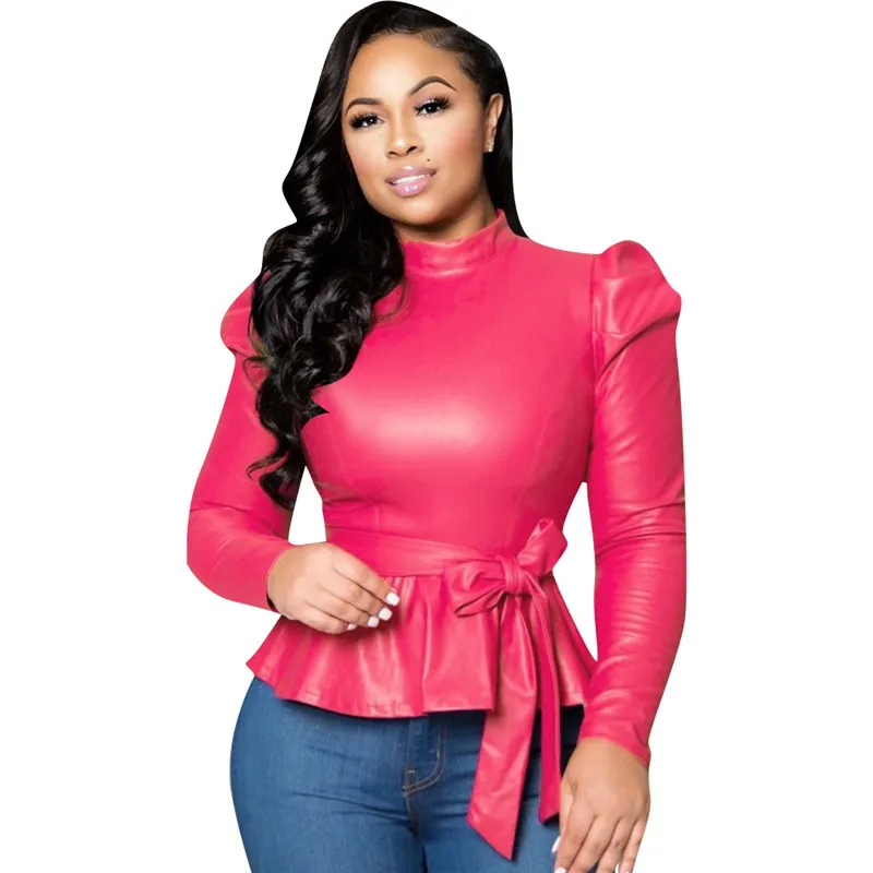 Envy Faux Leather Puff Sleeve Tie-Waist Peplum Top