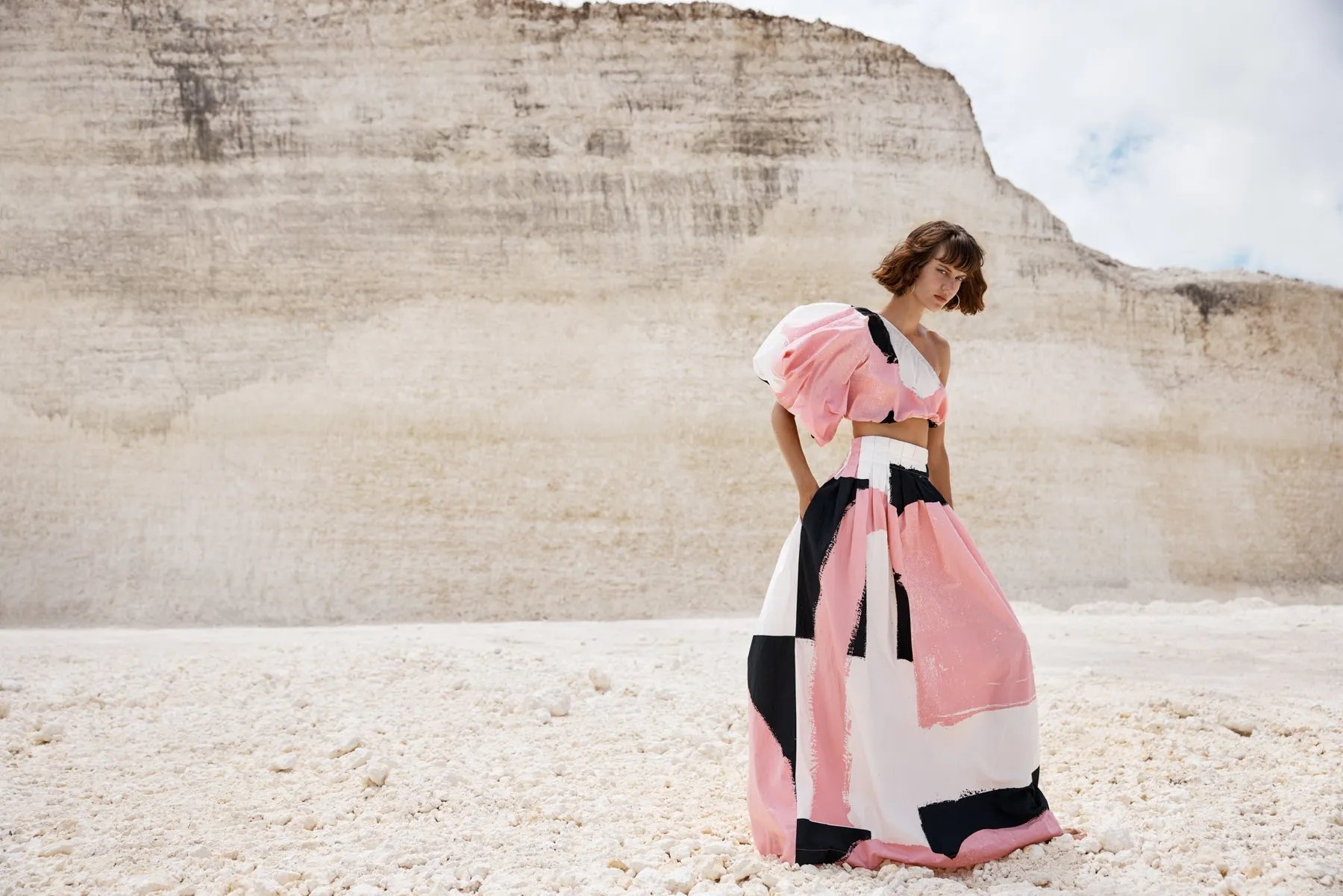 Exaggerated One Shoulder Crop | Drawstring Maxi Skirt