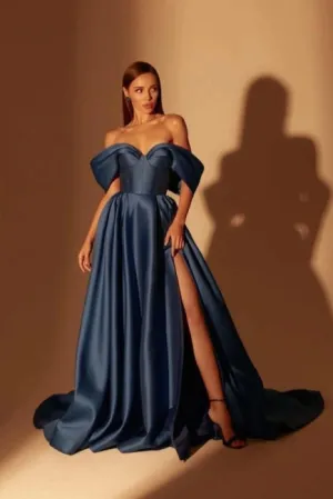 Fabulous Long Navy Blue A-line Off-the-shoulder Prom Dresses With Split Online