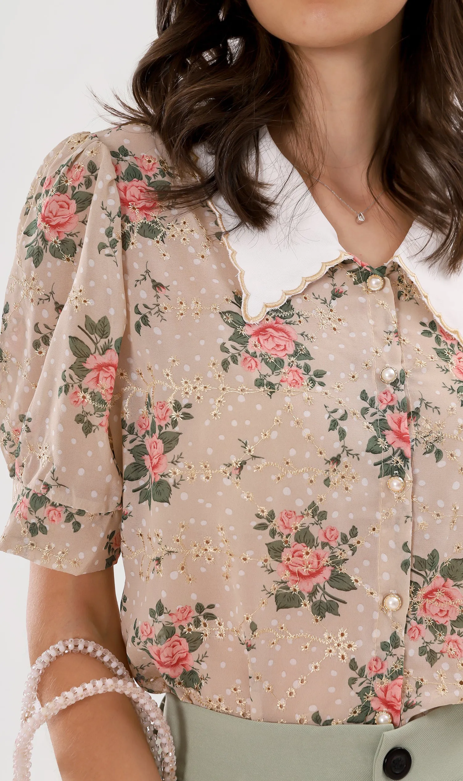 FARRAH Vintage-Collar Chiffon Button-Down (Nude)