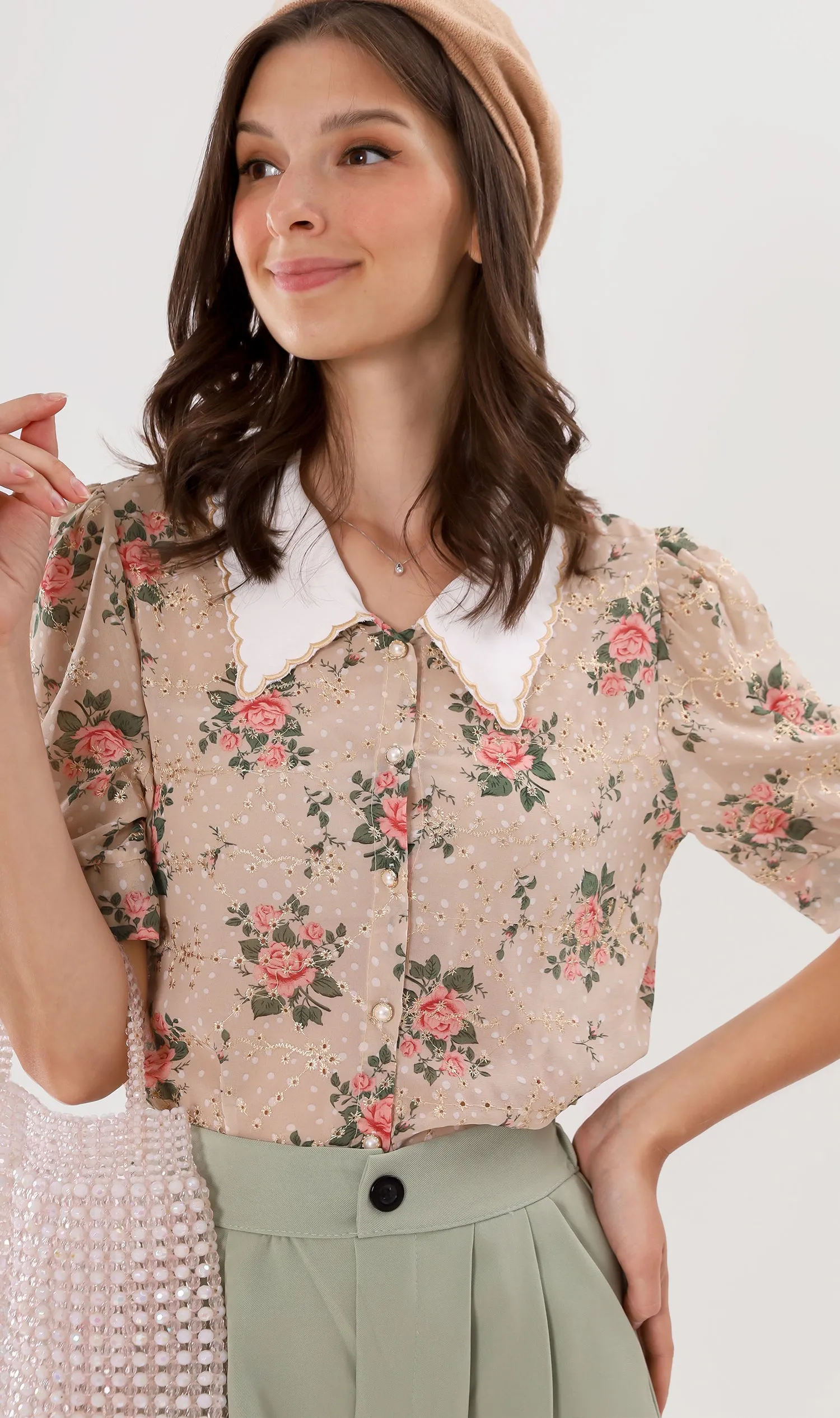 FARRAH Vintage-Collar Chiffon Button-Down (Nude)