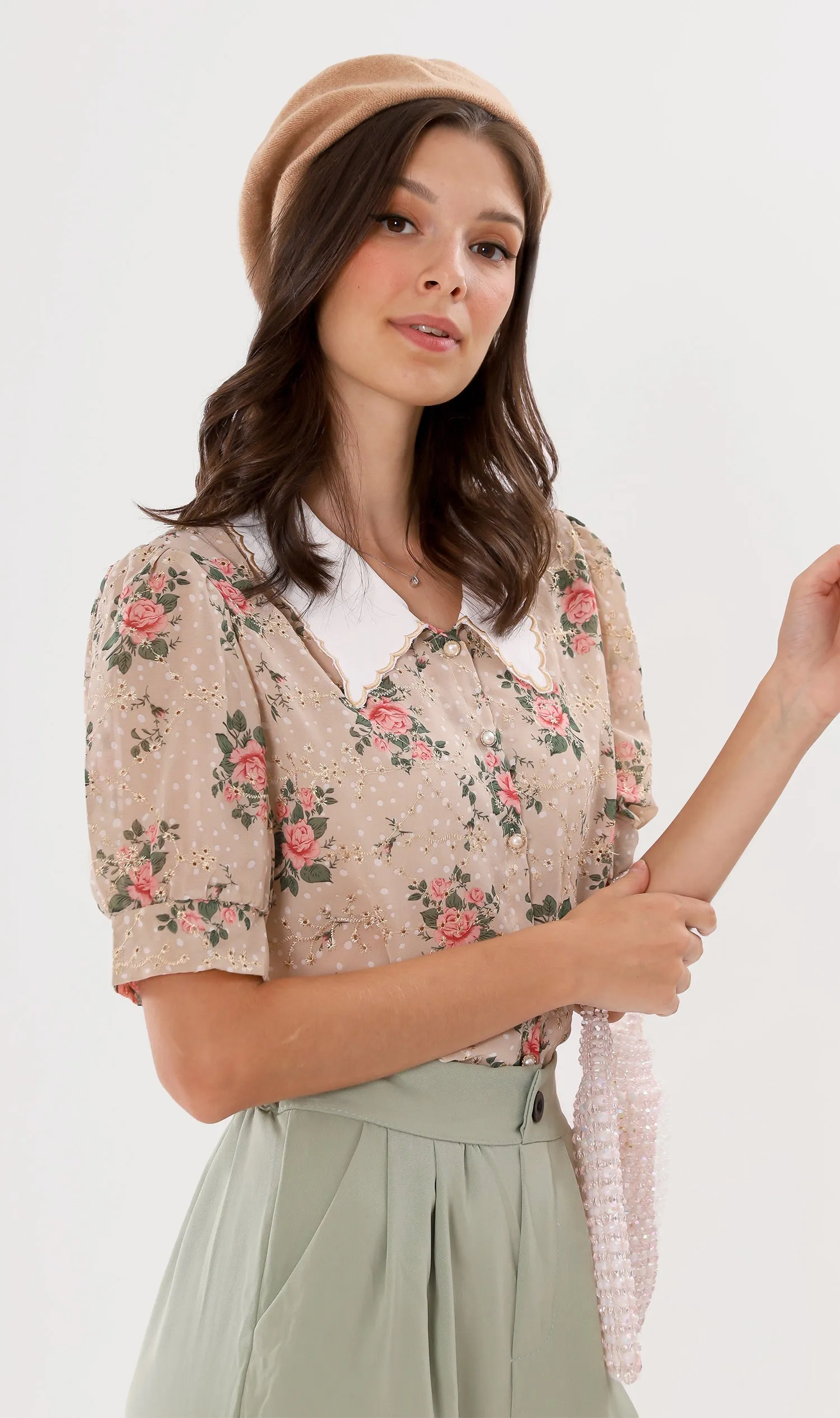 FARRAH Vintage-Collar Chiffon Button-Down (Nude)