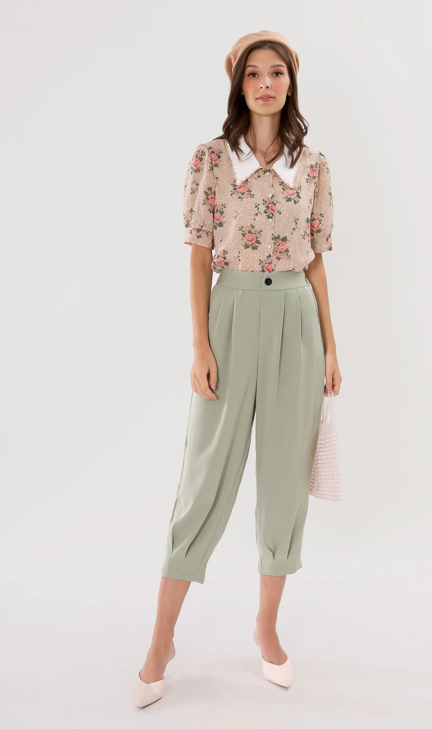 FARRAH Vintage-Collar Chiffon Button-Down (Nude)