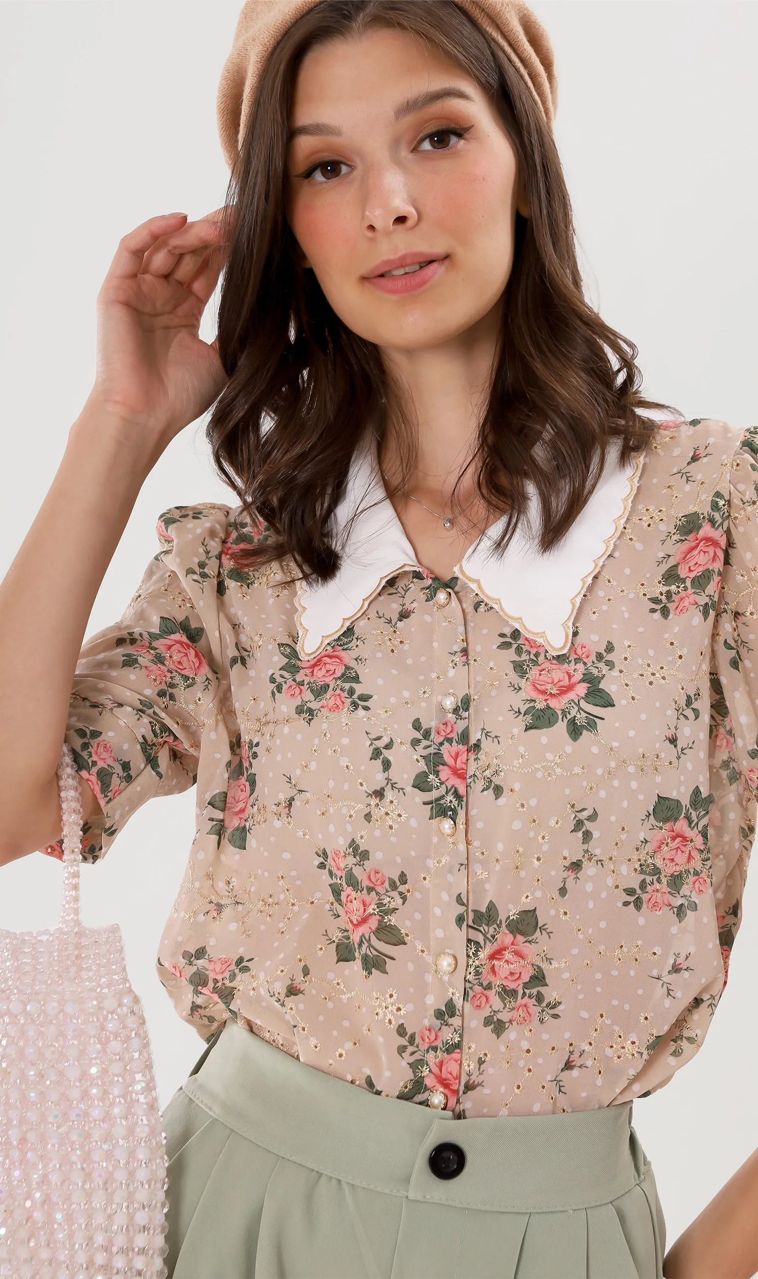 FARRAH Vintage-Collar Chiffon Button-Down (Nude)