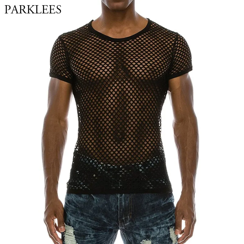 Fashion Sexy Short Sleeve Nightclub Wear T-shirt Men Party Perform Streetwear Tops