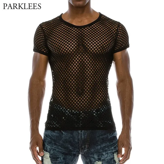 Fashion Sexy Short Sleeve Nightclub Wear T-shirt Men Party Perform Streetwear Tops