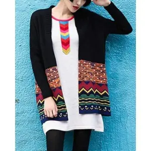 Fashionable Jacquard Knitted Loose Long Sleeve Women's Cardigan - Black M
