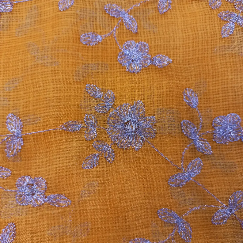 Fire Yellow Color Kota Fabric With Floral Embroidered Pattern -1.3-Mtr