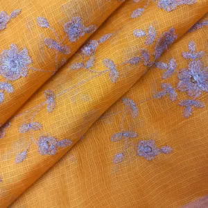 Fire Yellow Color Kota Fabric With Floral Embroidered Pattern -1.3-Mtr