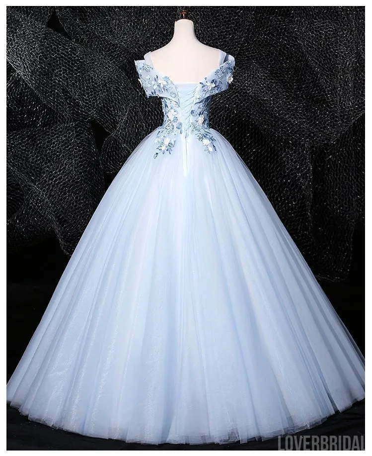 Floral Blue A-line Off Shoulder Long Prom Dresses Online, Dance Dresses,12606