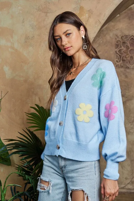Flower Button Down Lantern Sleeve Cardigan