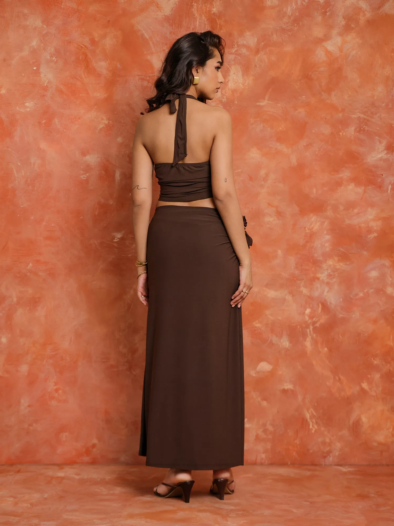 Flower Detailed Side Ruched Maxi Skirt