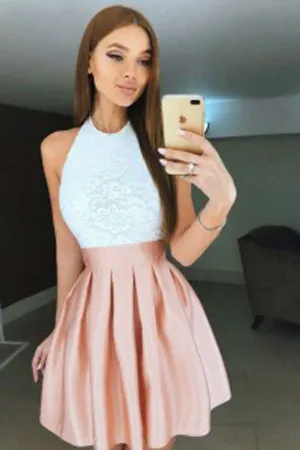 Formal A-Line Halter White Lace Blush Satin Short Homecoming Dresses,MH481