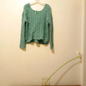 Free People Chunky Open Knit Green Sweater Size S Retro Cottagecore Grandmacore