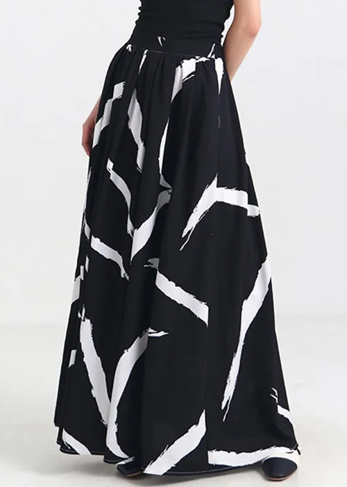 French Black Pockets Elastic Waist Cotton Maxi Skirts Spring