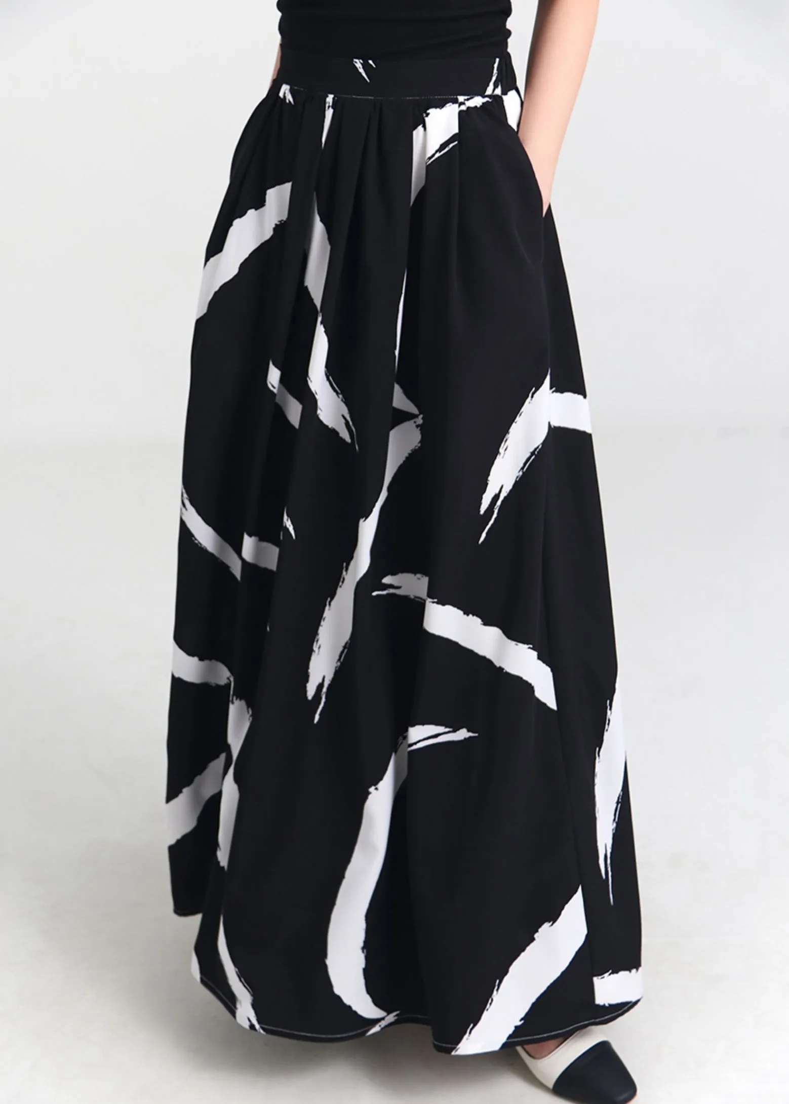 French Black Pockets Elastic Waist Cotton Maxi Skirts Spring