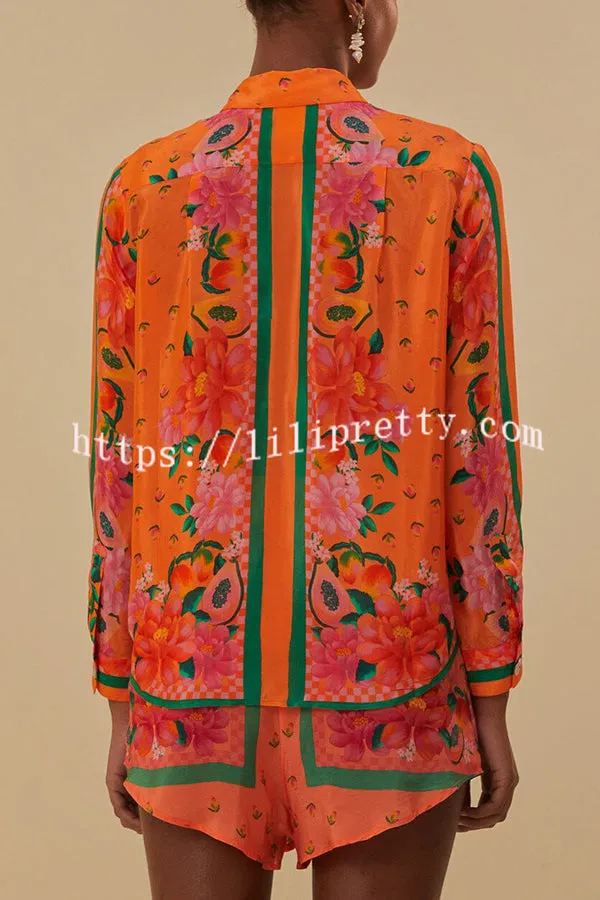 Fruit Garden Unique Print Long Sleeve Button Down Oversized Blouse