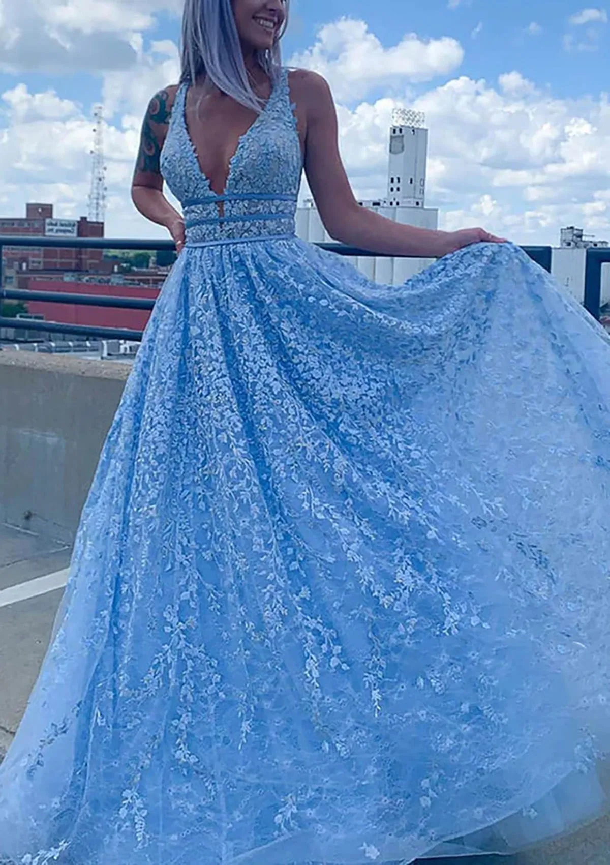 Gorgeous Blue A-line V-neck Maxi Long Prom Dresses,Evening Party Prom Dresses,13036