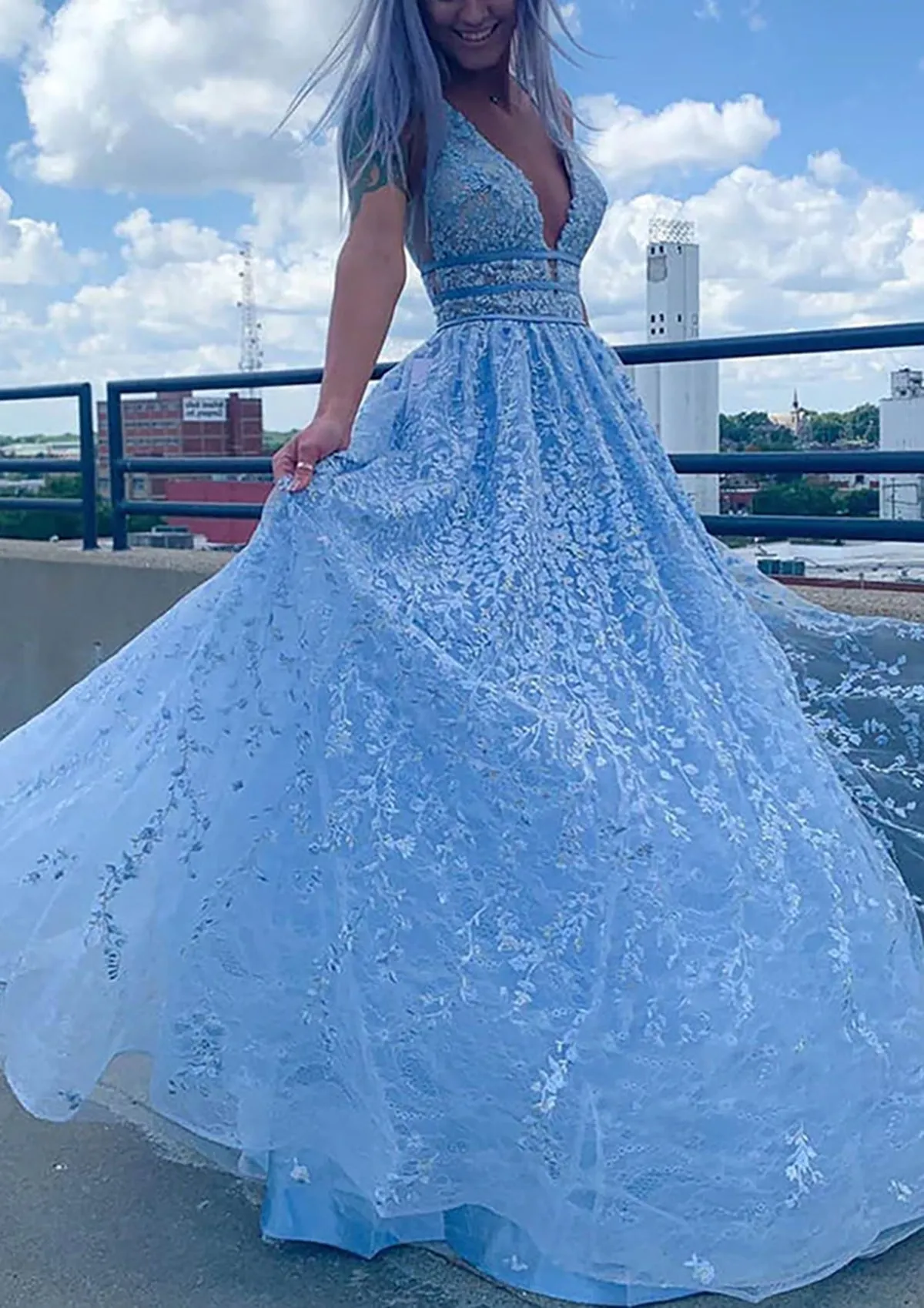 Gorgeous Blue A-line V-neck Maxi Long Prom Dresses,Evening Party Prom Dresses,13036