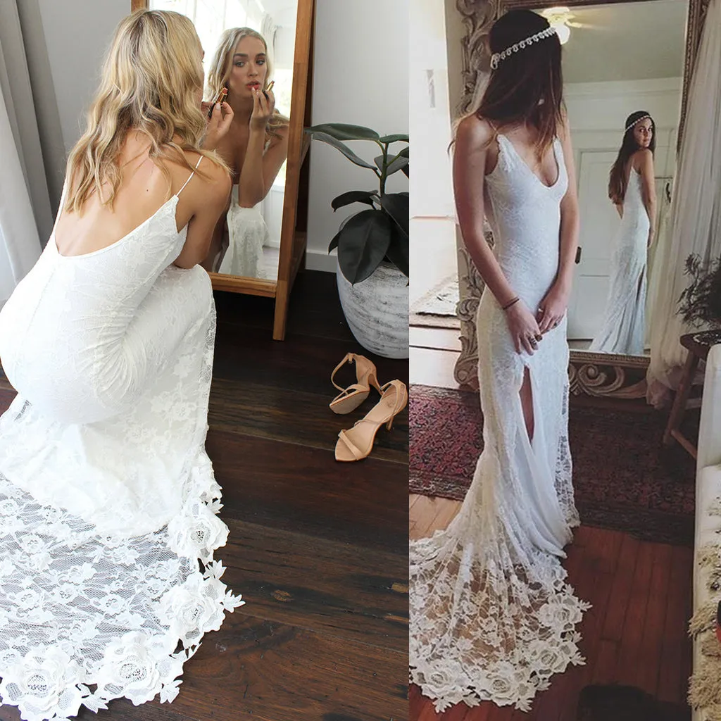 Gorgeous Straps V-neck White Lace Long Side Slit Wedding Dresses, Bridal Dress WDY0168