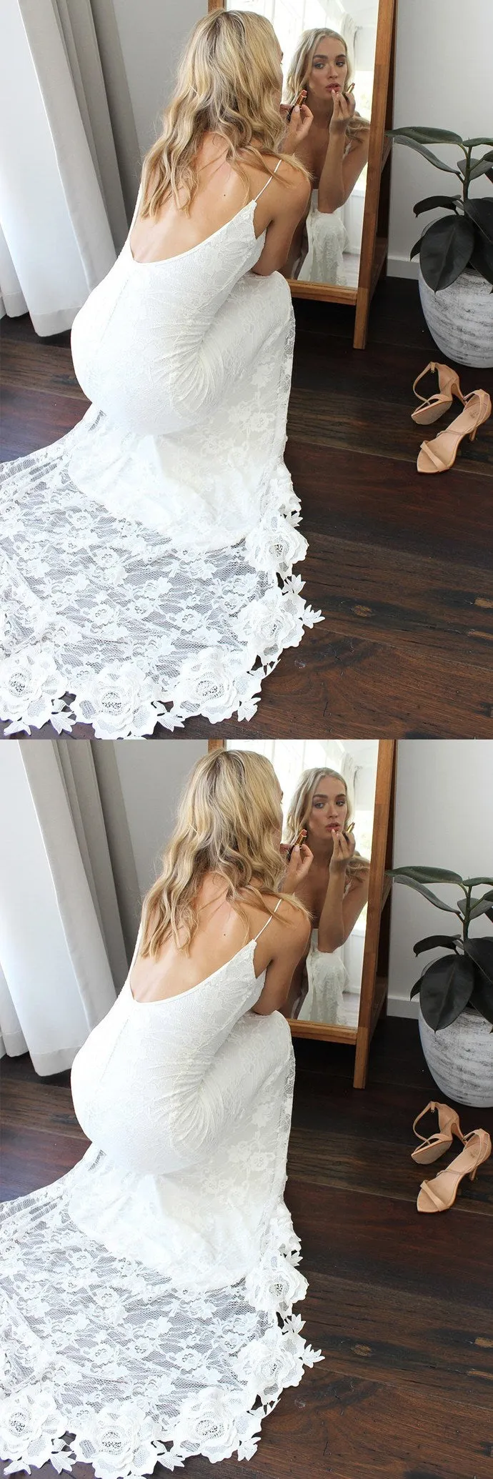 Gorgeous Straps V-neck White Lace Long Side Slit Wedding Dresses, Bridal Dress WDY0168