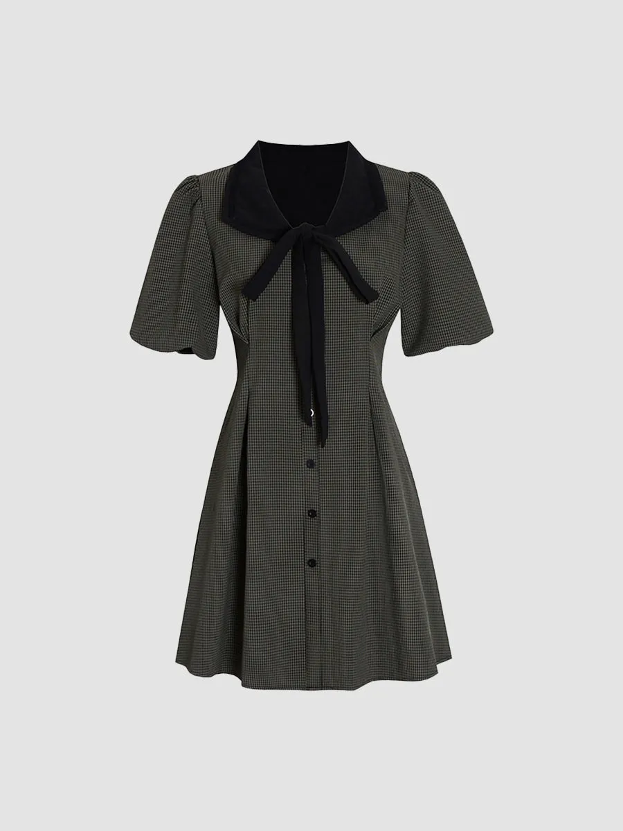 Gray Houndstooth V-neck Bow Tie Dress
