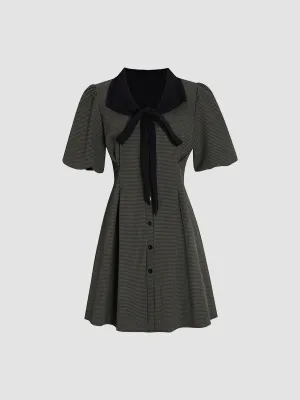 Gray Houndstooth V-neck Bow Tie Dress