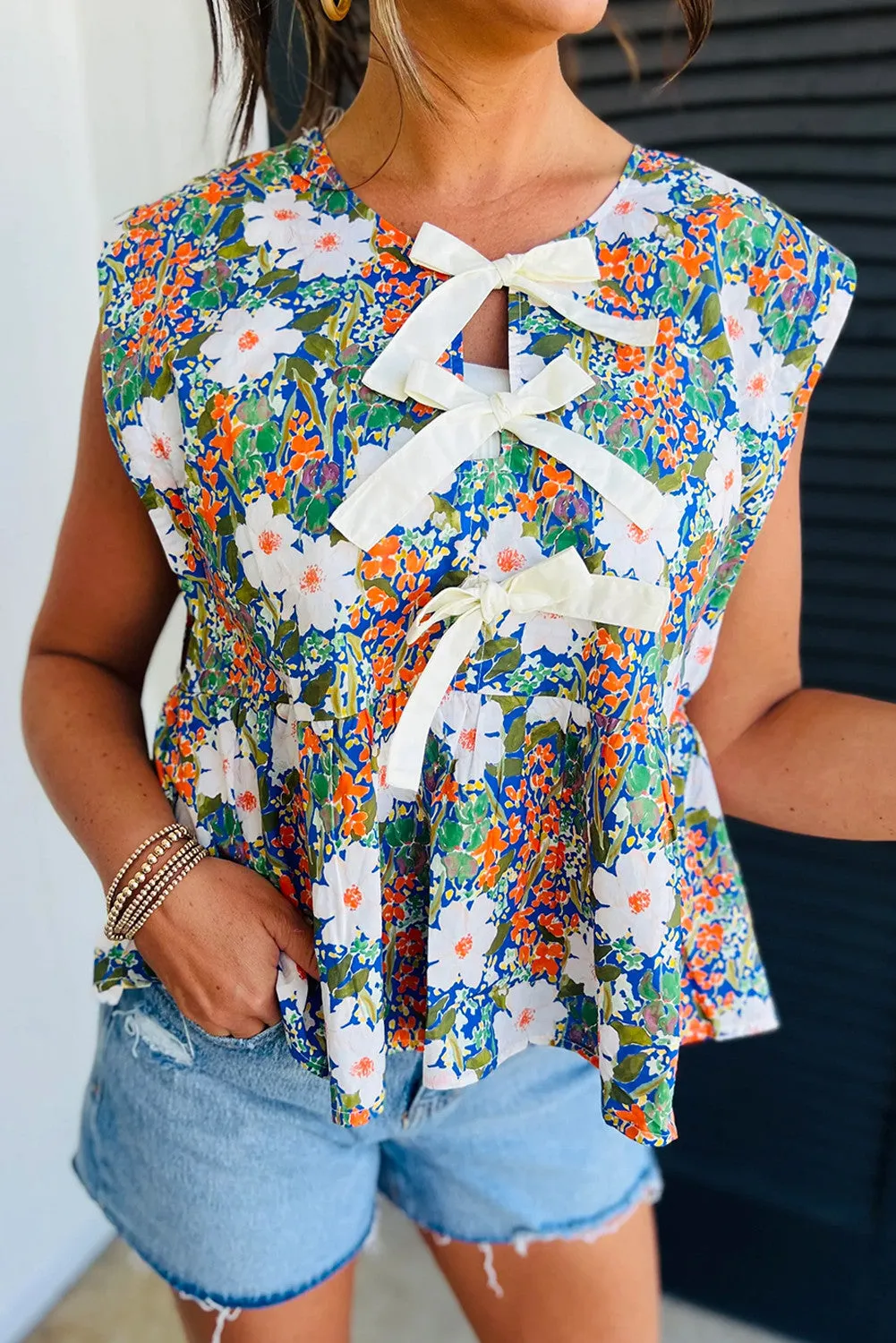 Green Floral Print Bow Applique Slit Sleeveless Peplum Blouse - PREORDER