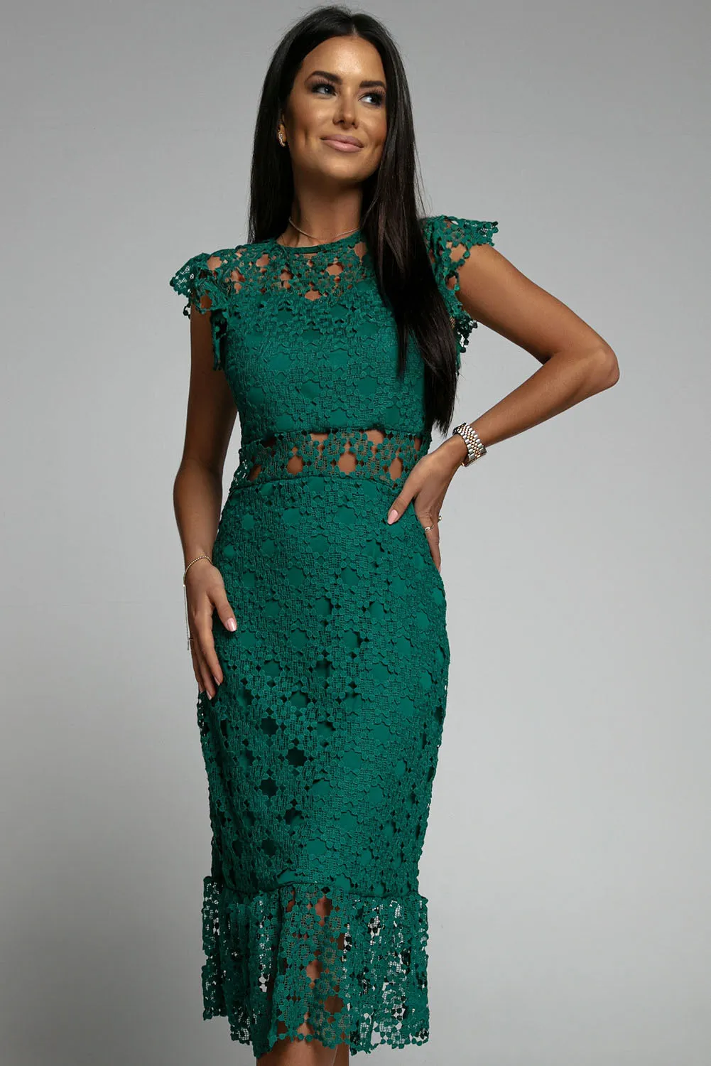 Green Lace Lined Midi Dress