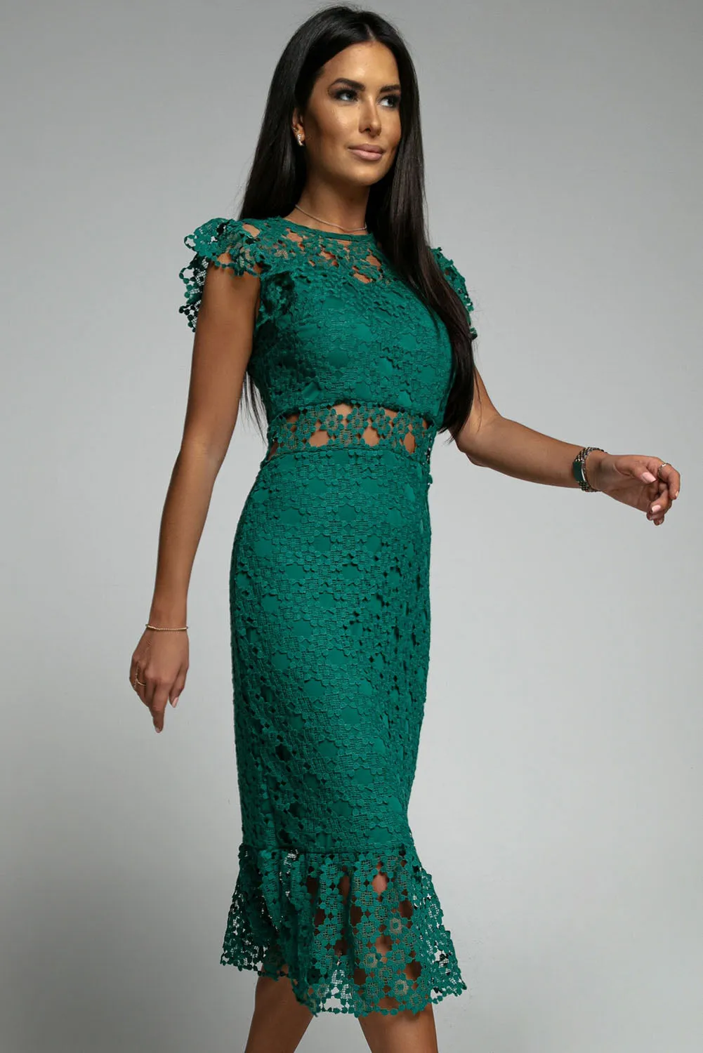 Green Lace Lined Midi Dress