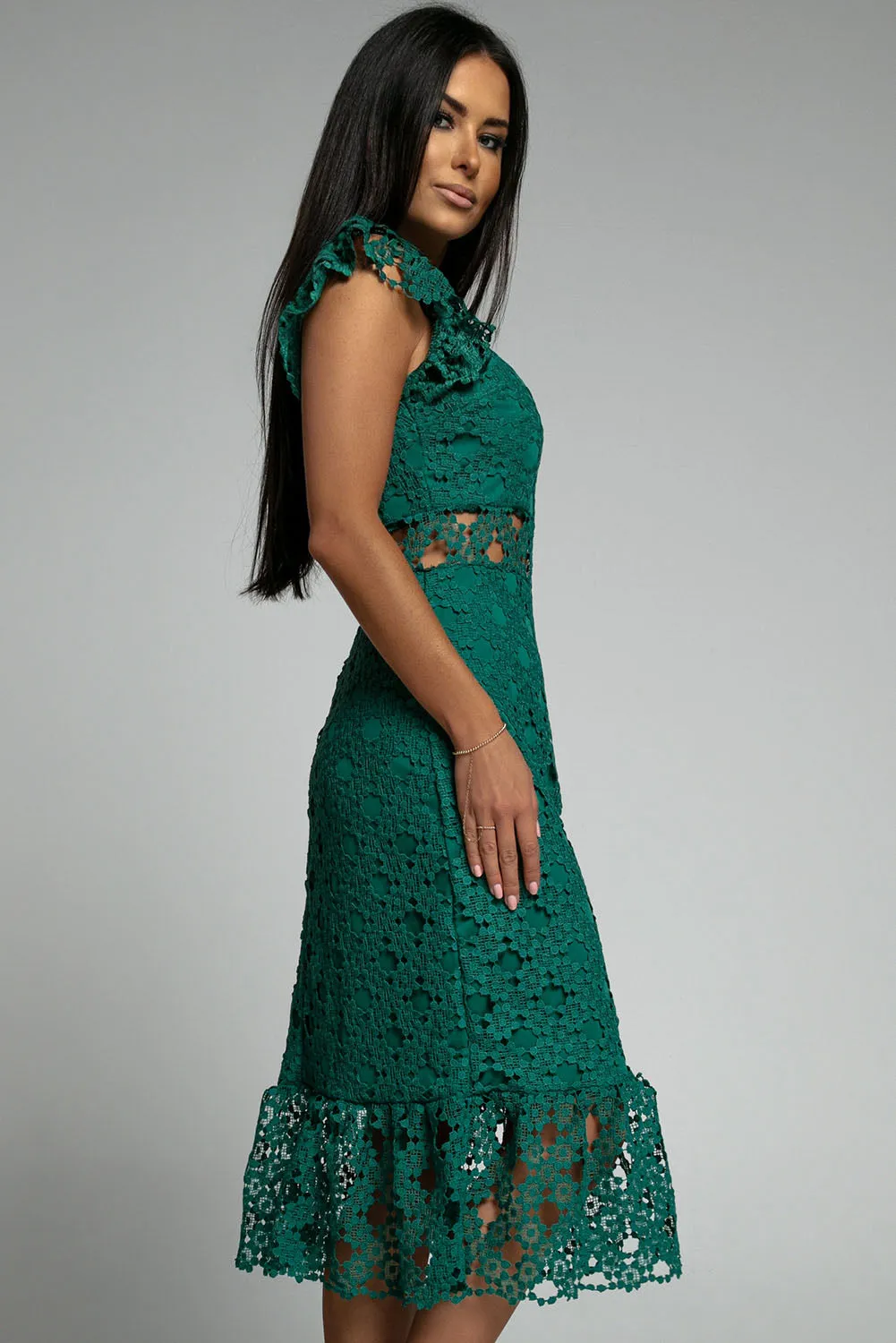 Green Lace Lined Midi Dress