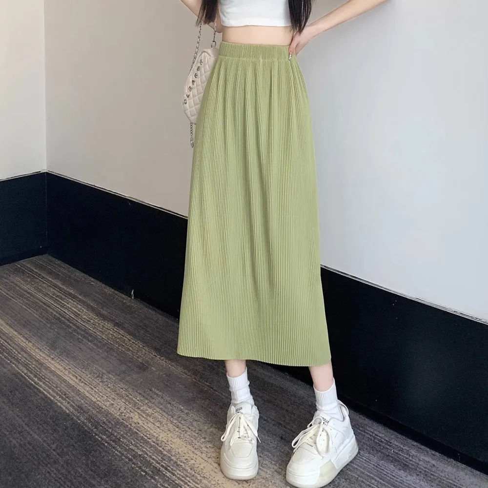 Green Plisse Midi Skirt