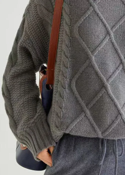 Grey Cozy Cable Cashmere Sweaters Turtleneck Spring YW045