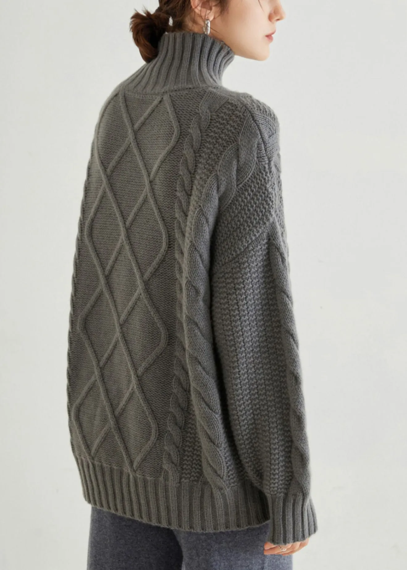 Grey Cozy Cable Cashmere Sweaters Turtleneck Spring YW045