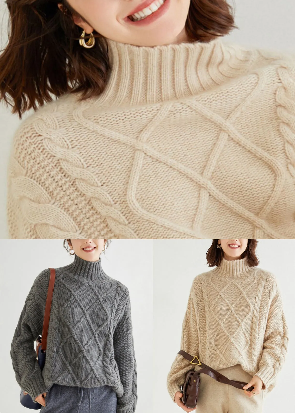 Grey Cozy Cable Cashmere Sweaters Turtleneck Spring YW045
