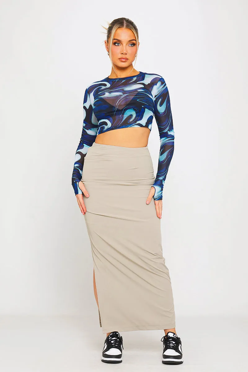 Grey Ruched Split Detail Parachute Cargo Maxi Skirt