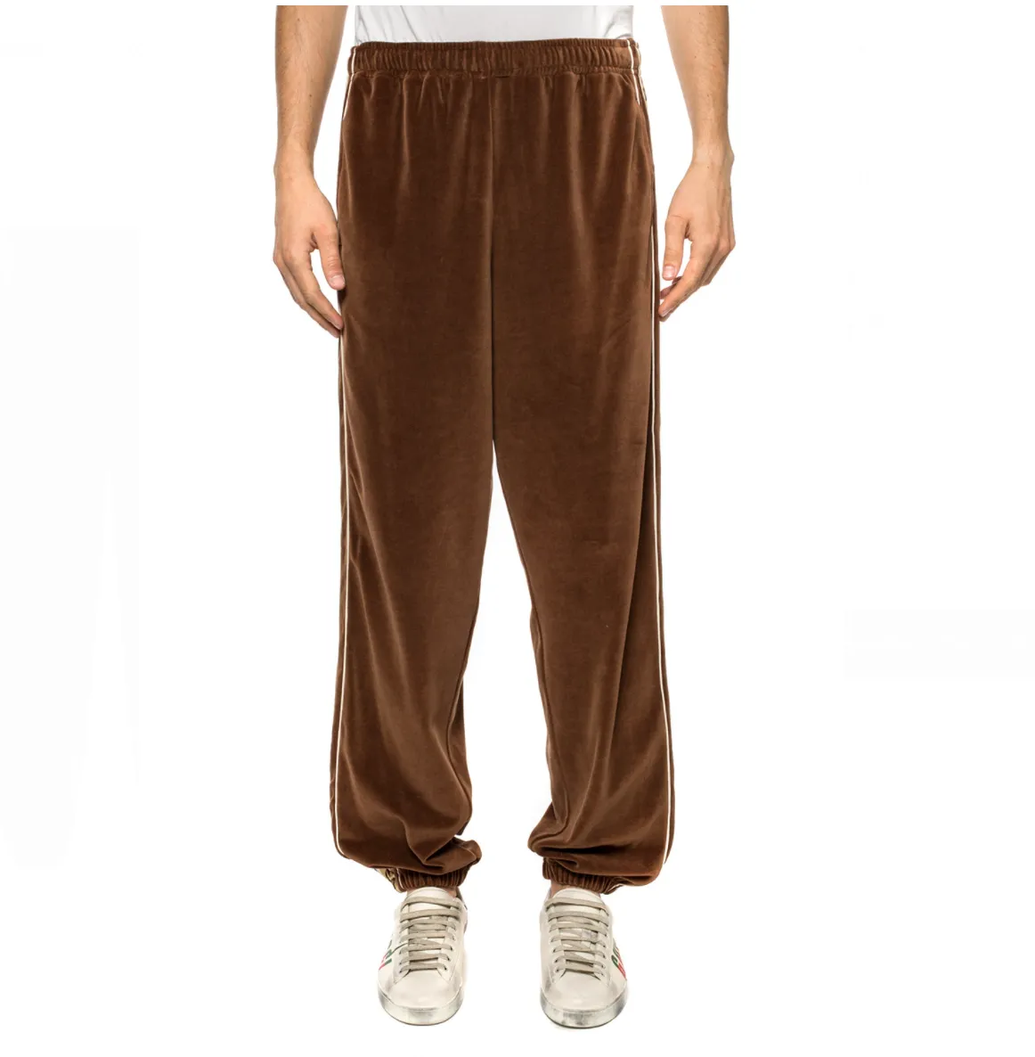 Gucci Interlocking GG Stripe Velour Jogger Pants in Brown