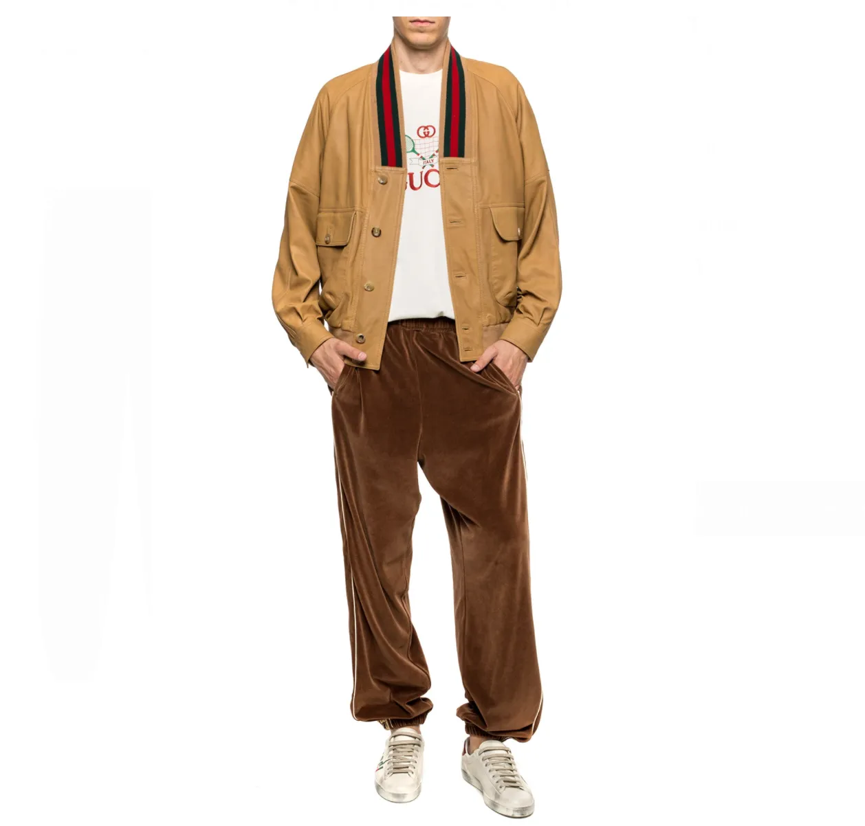 Gucci Interlocking GG Stripe Velour Jogger Pants in Brown