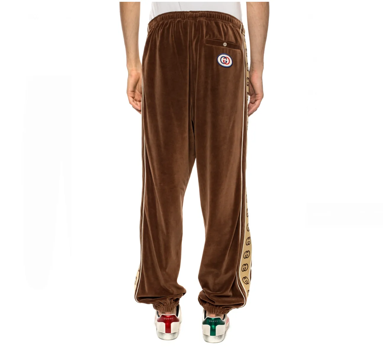 Gucci Interlocking GG Stripe Velour Jogger Pants in Brown
