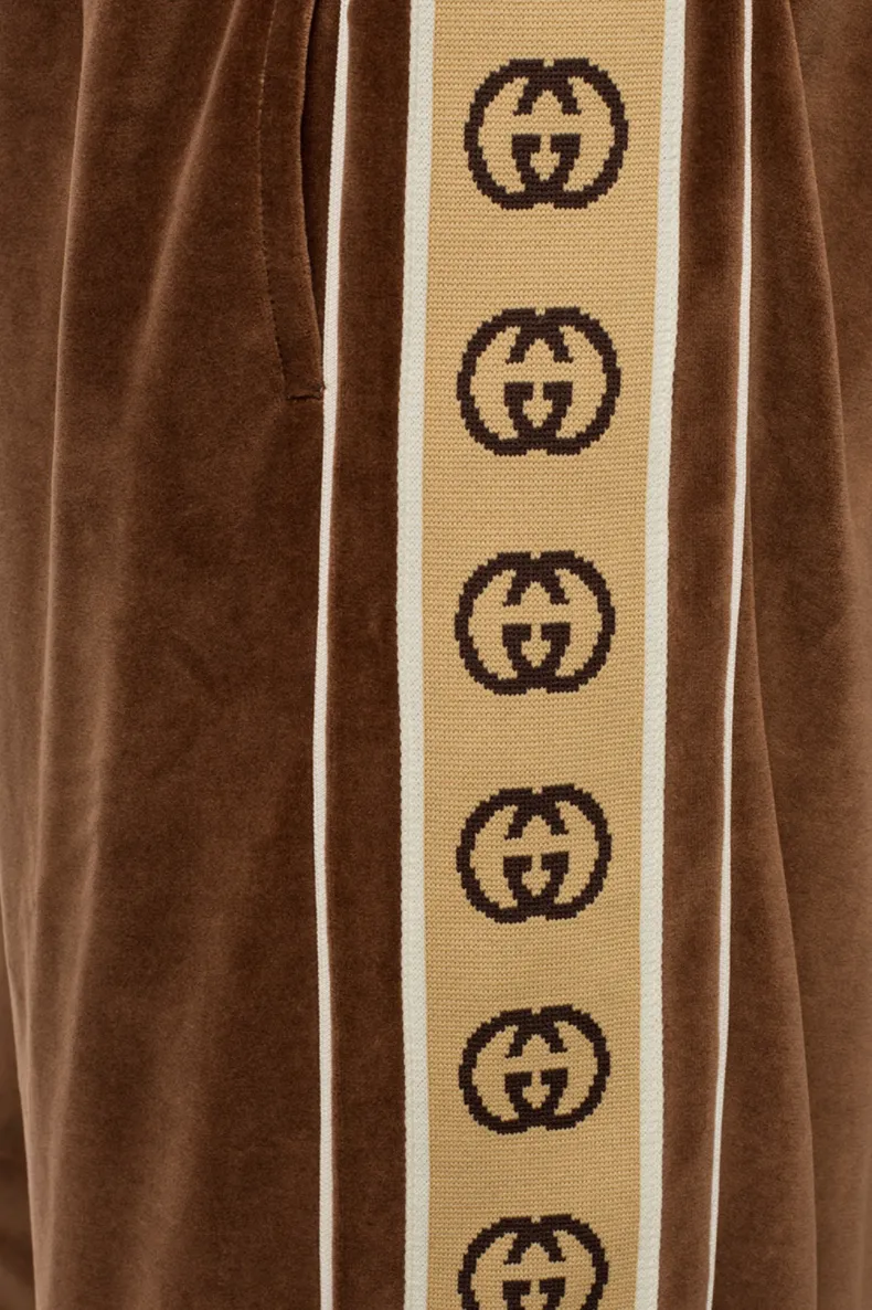 Gucci Interlocking GG Stripe Velour Jogger Pants in Brown