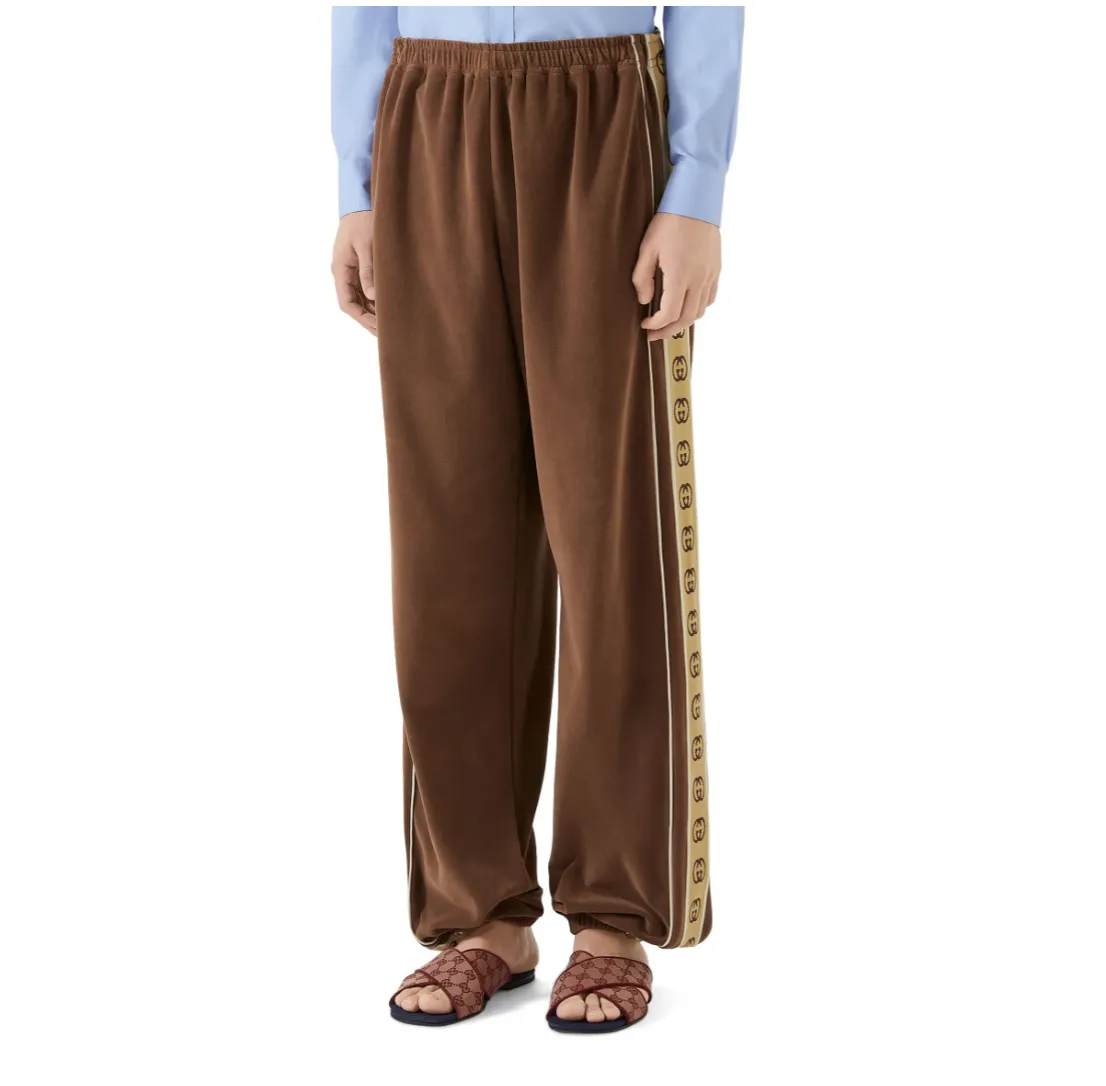 Gucci Interlocking GG Stripe Velour Jogger Pants in Brown