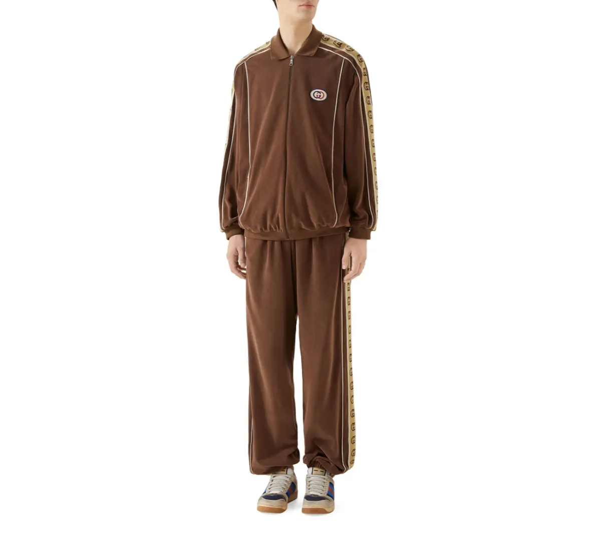 Gucci Interlocking GG Stripe Velour Jogger Pants in Brown