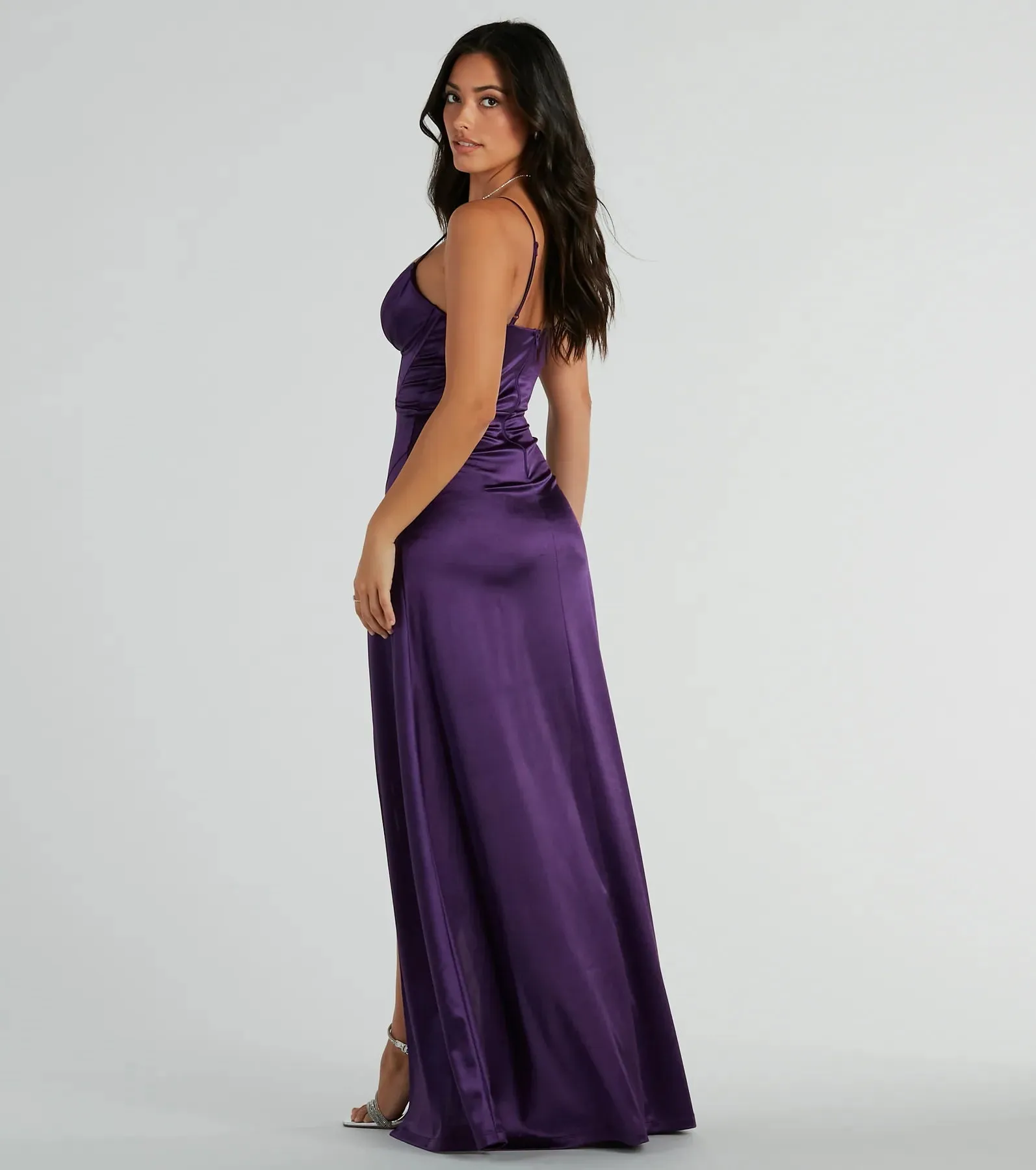 Haley Corset Slit A-Line Satin Formal Dress