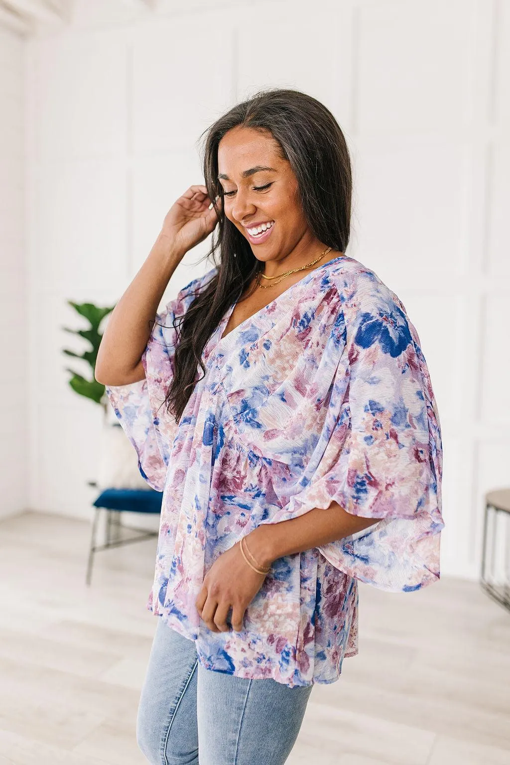 Hazel Blues® |  Fabled in Floral Draped Peplum Top in Blue