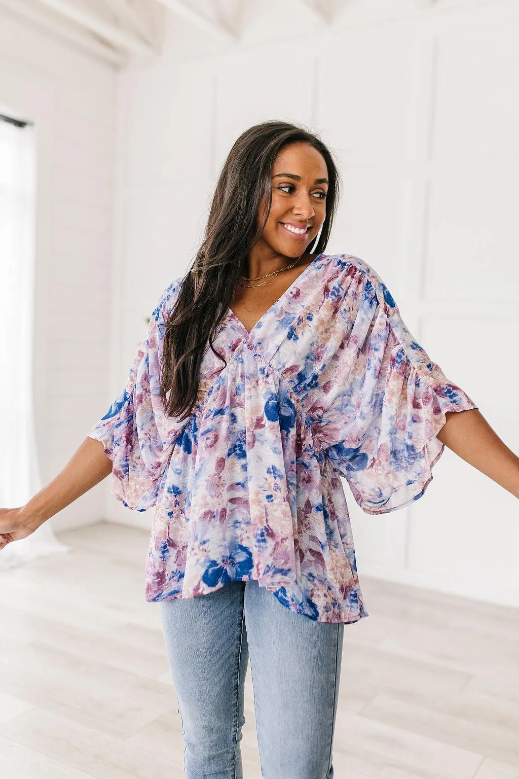 Hazel Blues® |  Fabled in Floral Draped Peplum Top in Blue