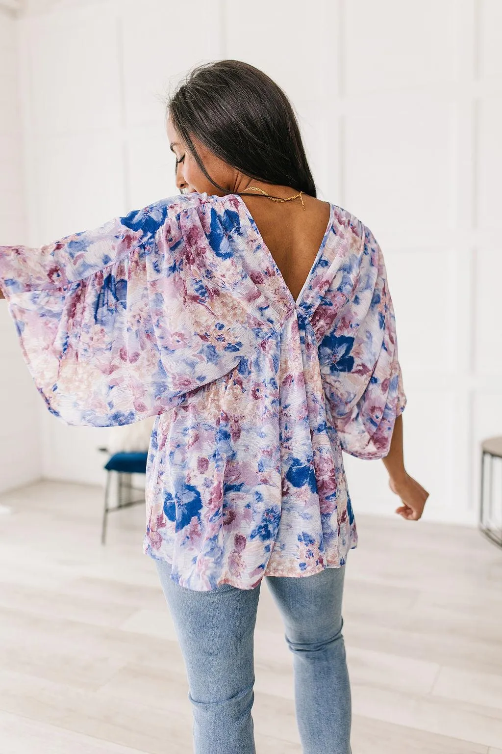 Hazel Blues® |  Fabled in Floral Draped Peplum Top in Blue