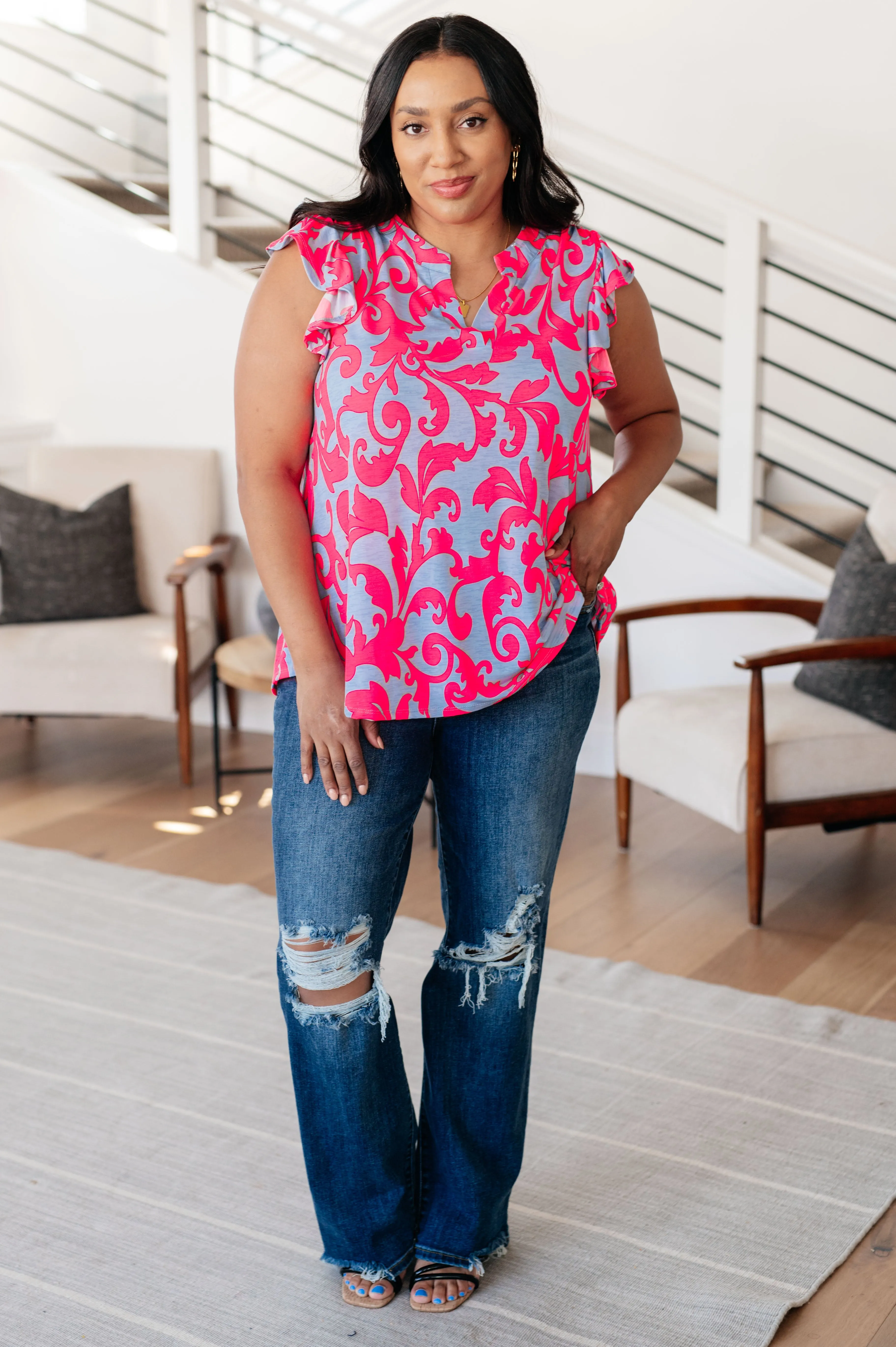 Hazel Blues® |  Lizzy Flutter Sleeve Top in Lavender and Hot Pink Filigree